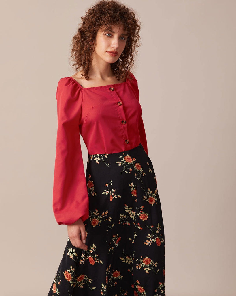 The Square Neck Puff Sleeve Blouse Red Tops - RIHOAS