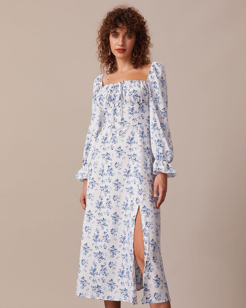 The Square Neck Puff Sleeve Floral Dress Blue Dresses - RIHOAS