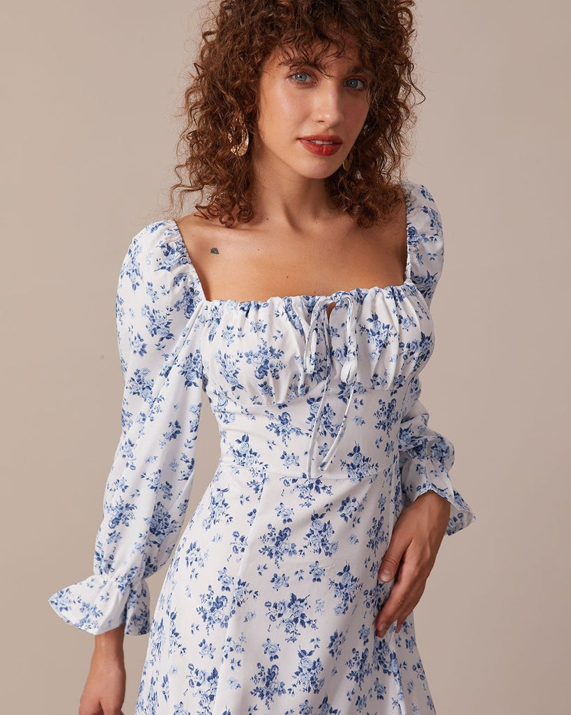 The Square Neck Puff Sleeve Floral Dress Dresses - RIHOAS