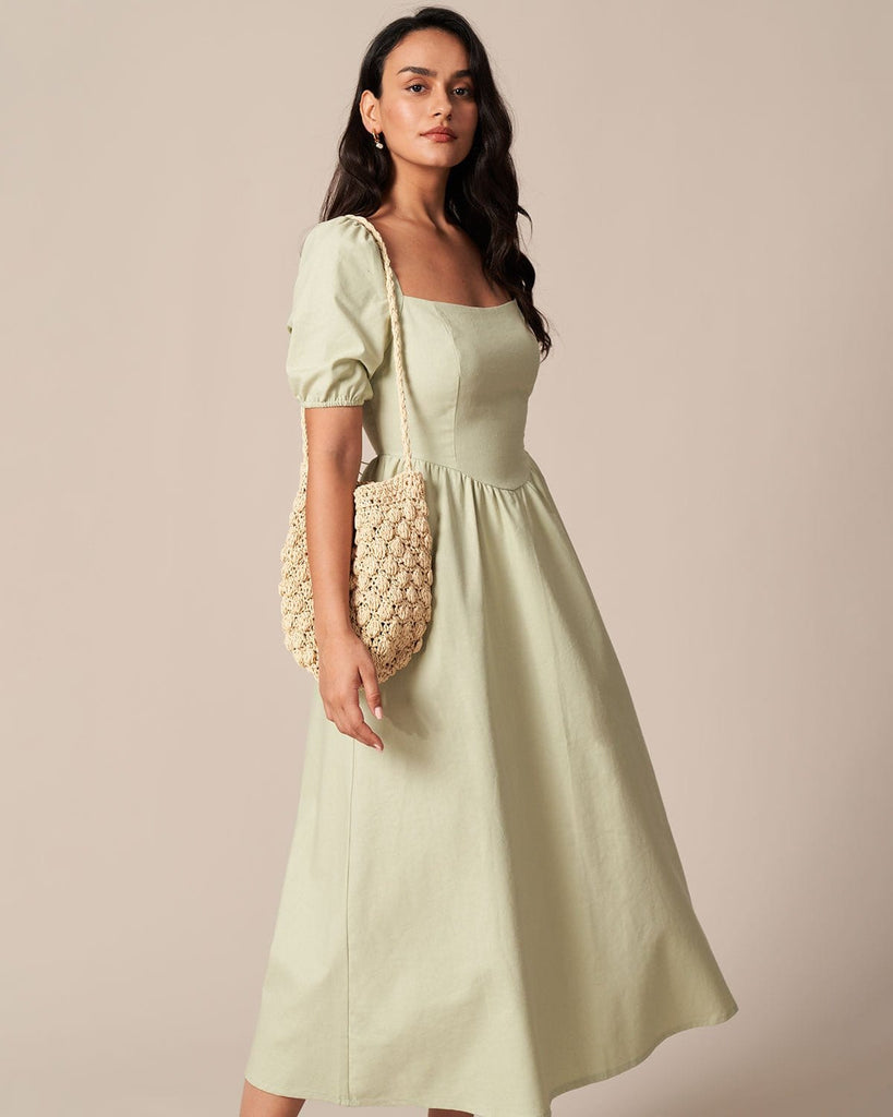 The Square Neck Puff Sleeve Midi Dress Dresses - RIHOAS