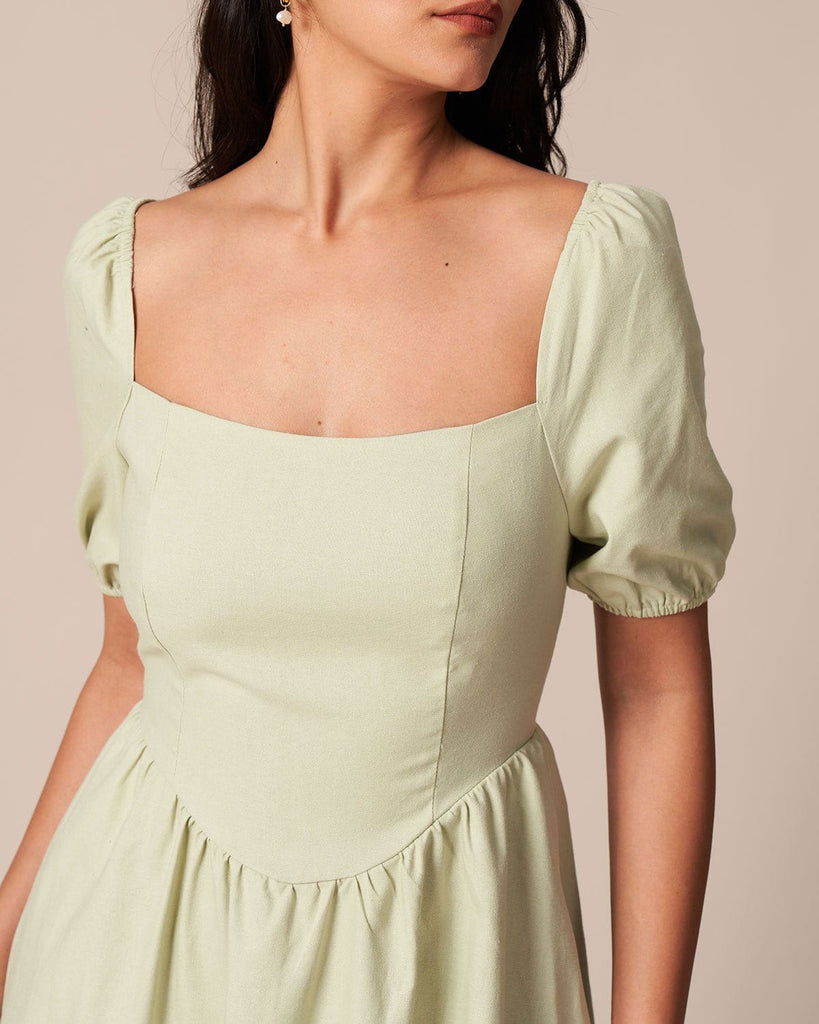 The Square Neck Puff Sleeve Midi Dress Dresses - RIHOAS