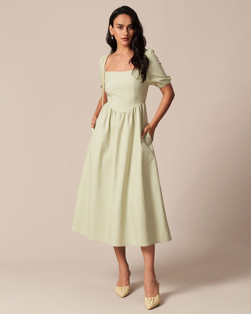 The Square Neck Puff Sleeve Midi Dress Light Green Dresses - RIHOAS