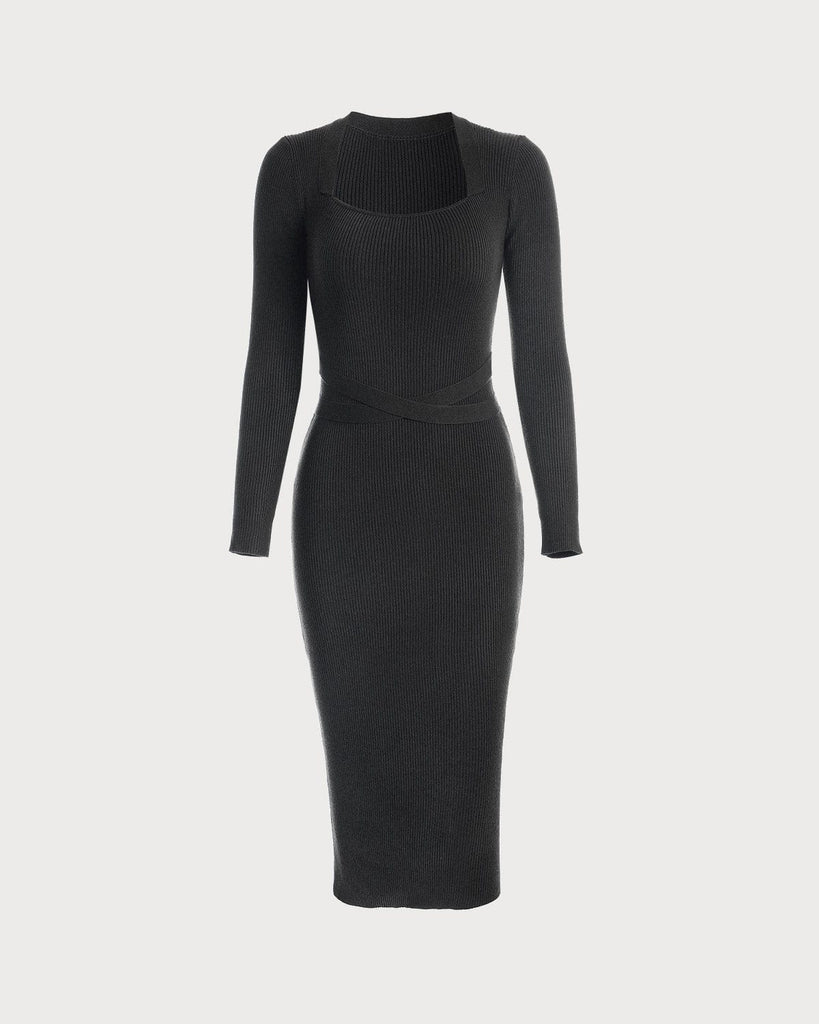 The Square Neck Ribbed Midi Dress Black Dresses - RIHOAS