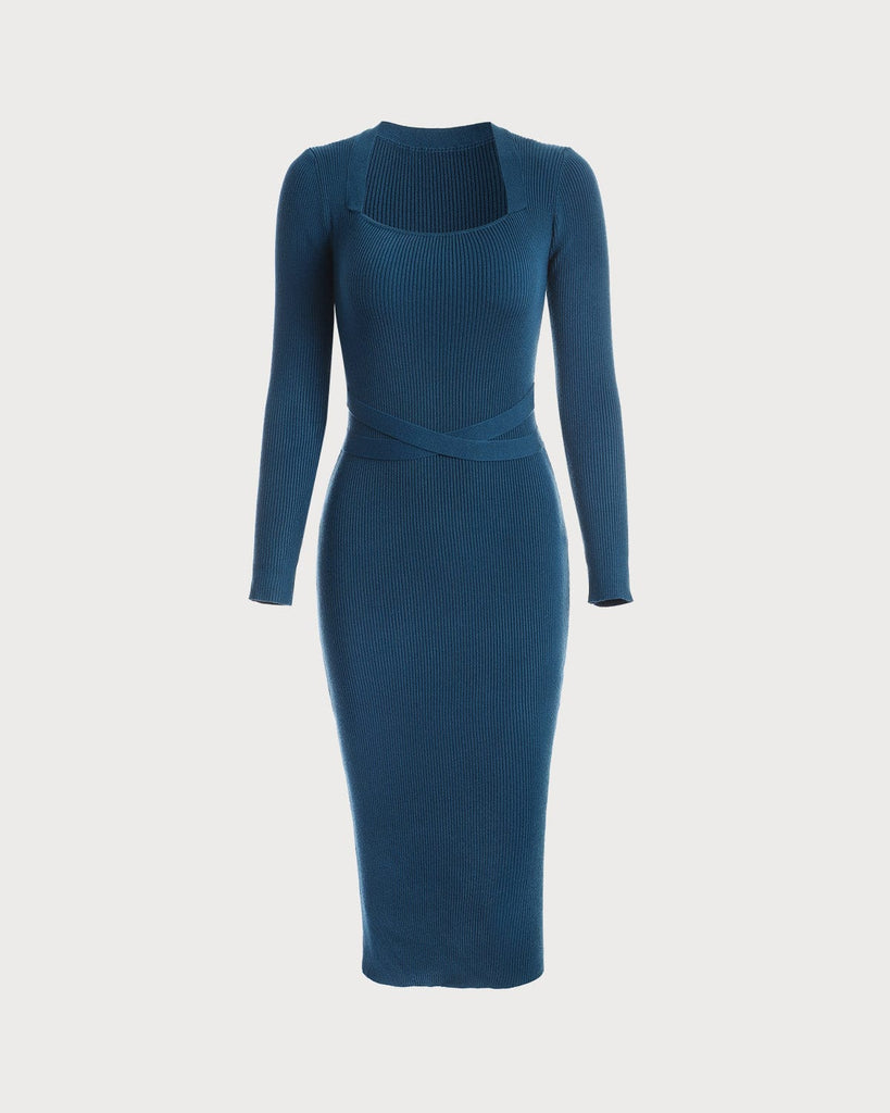 The Square Neck Ribbed Midi Dress Peacock Blue Dresses - RIHOAS