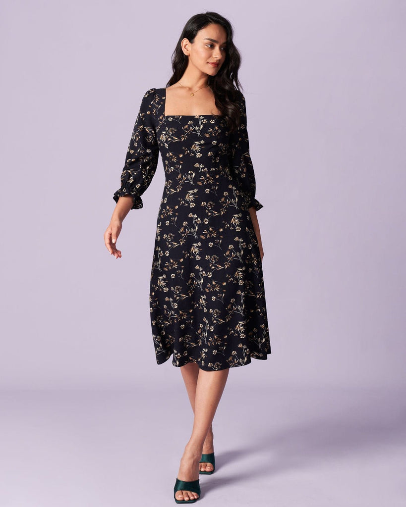 The Square Neck Tie-Back Dress Black Dresses - RIHOAS