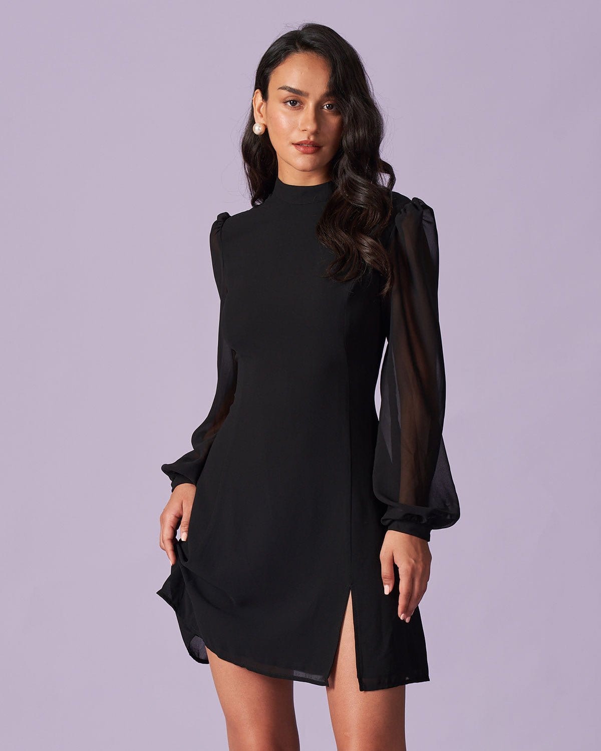 The Black Stand Collar Sheer Slit Mini Dress The Black Stand Collar Sheer Slit Mini Dress