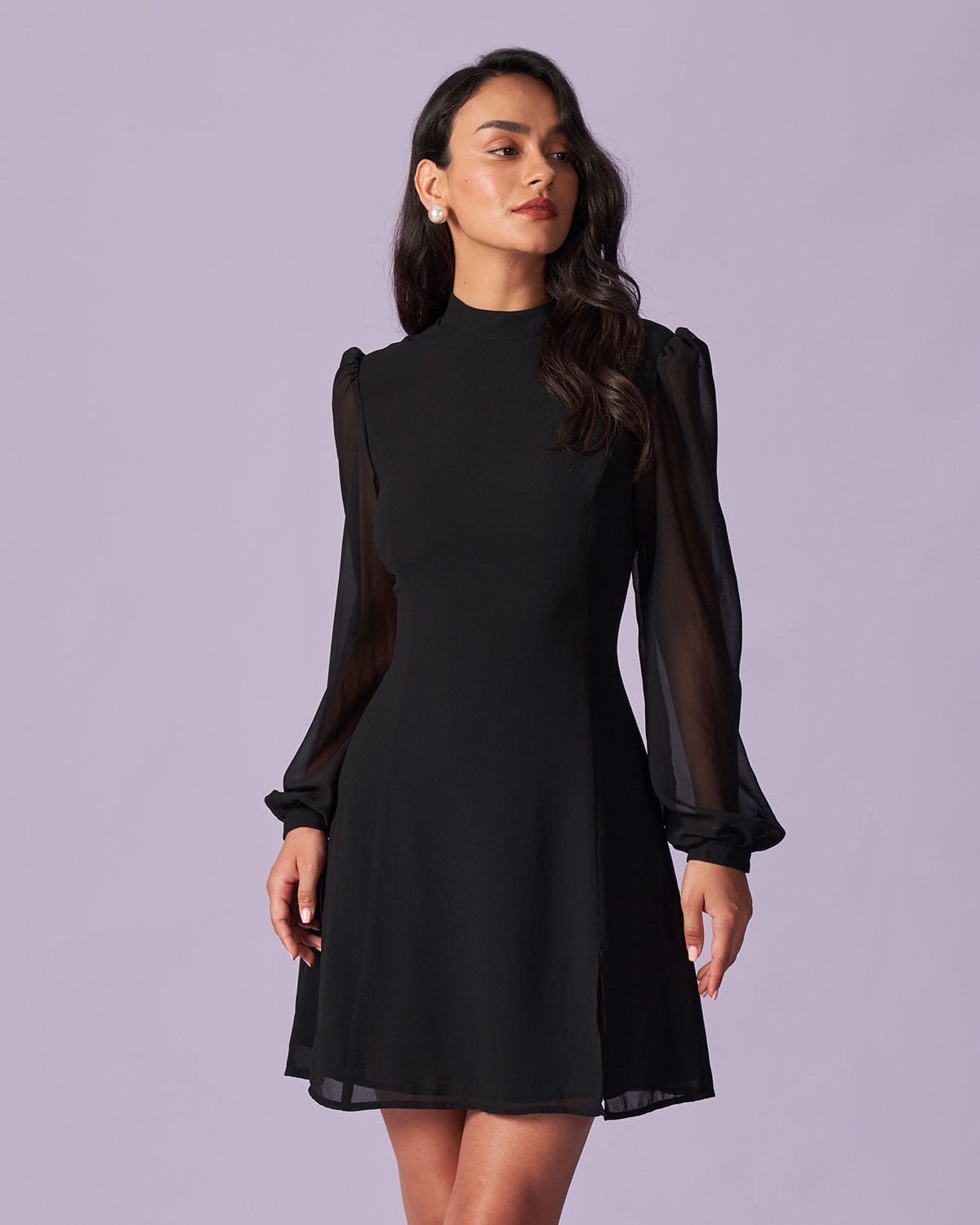 The Black Stand Collar Sheer Slit Mini Dress - Slit Long Sleeve Sheer A ...
