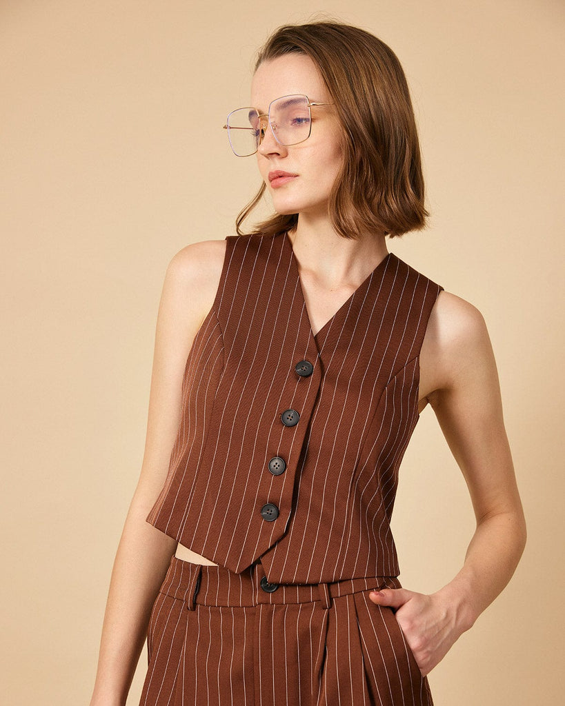 The Striped Single-Breasted Vest Brown Tops - RIHOAS
