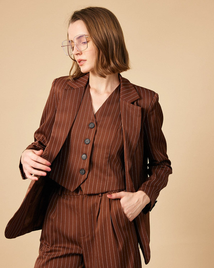 The Striped Single Button Blazer Brown Outerwear - RIHOAS
