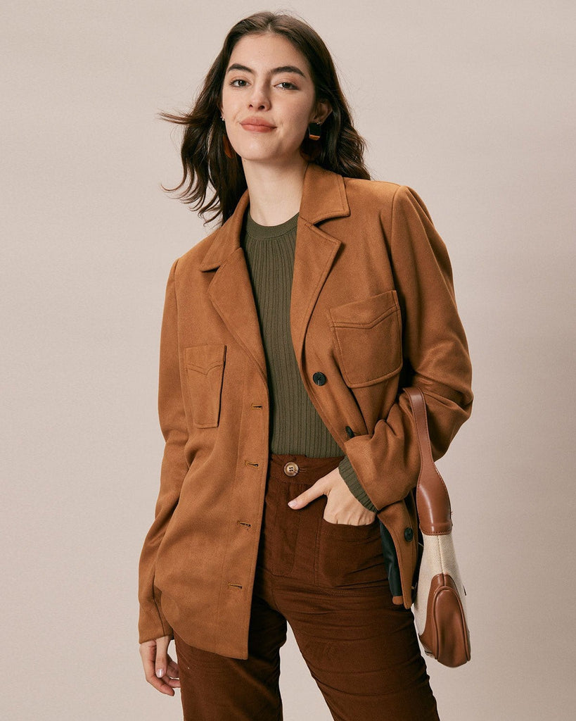 The Suede Lapel Pockets Jacket Brown Outerwear - RIHOAS