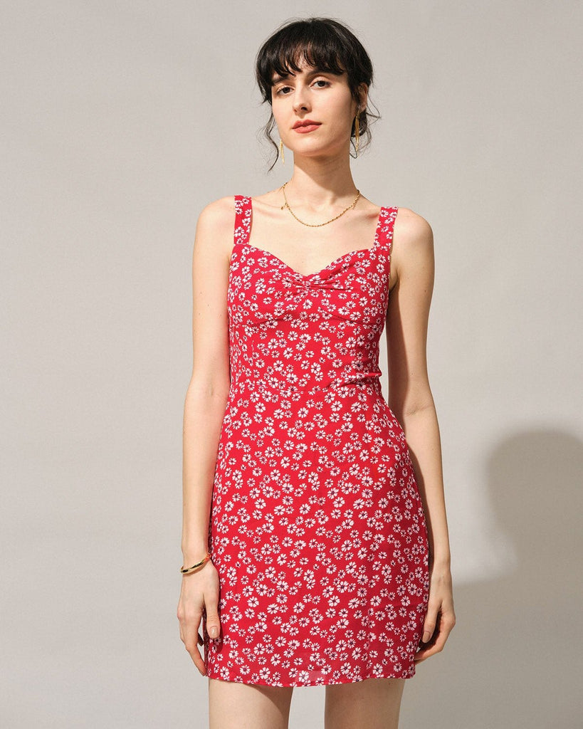 The Sweetheart Neck Daisy Mini Dress Red Dresses - RIHOAS