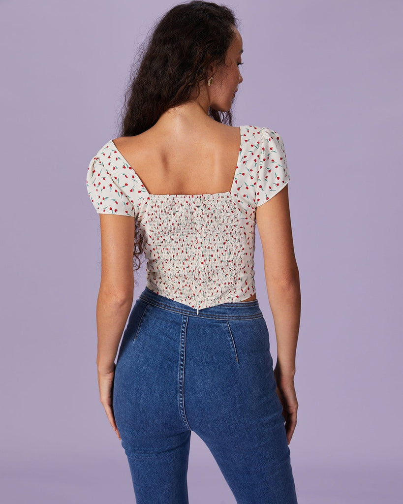 The Sweetheart Neck Floral Short Sleeve Blouse Tops - RIHOAS