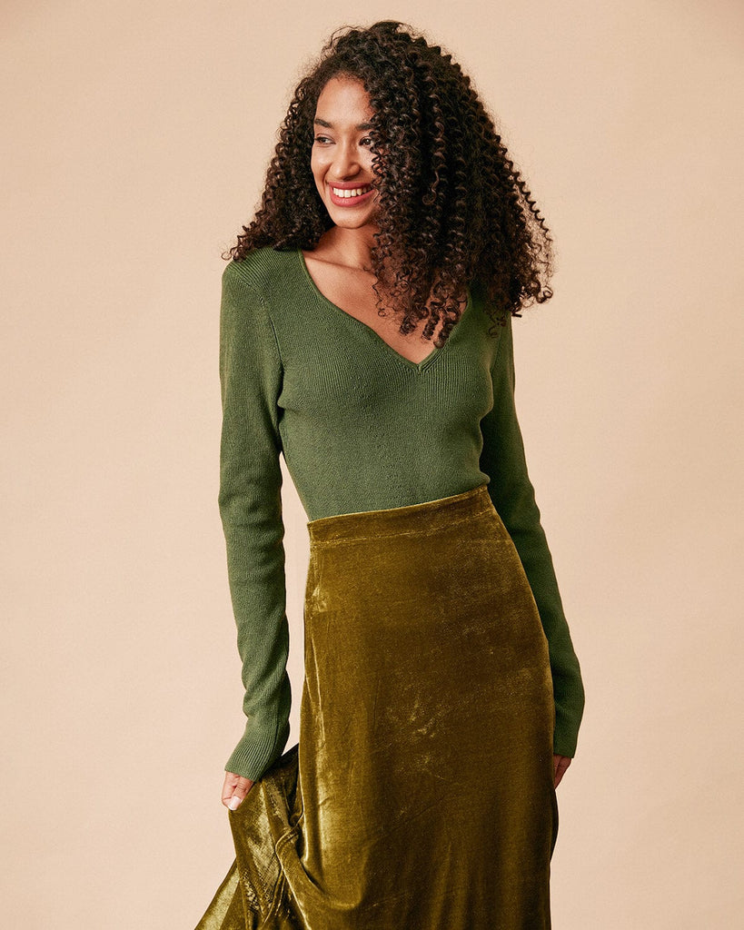The Sweetheart Neck Knit Top Army Green Tops - RIHOAS