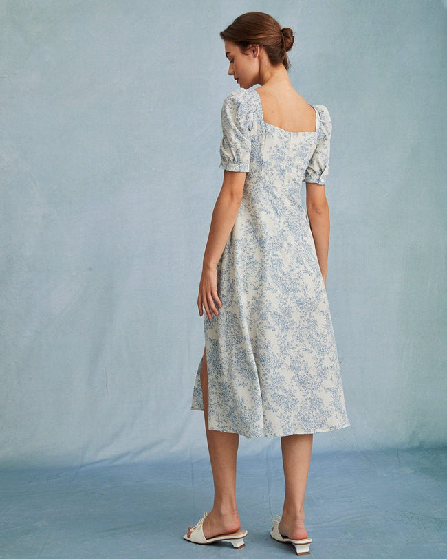 The Blue Sweetheart Neck Puff Sleeve Floral Midi Dress High