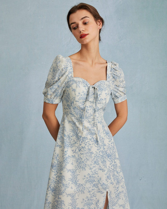 The Blue Sweetheart Neck Puff Sleeve Floral Midi Dress