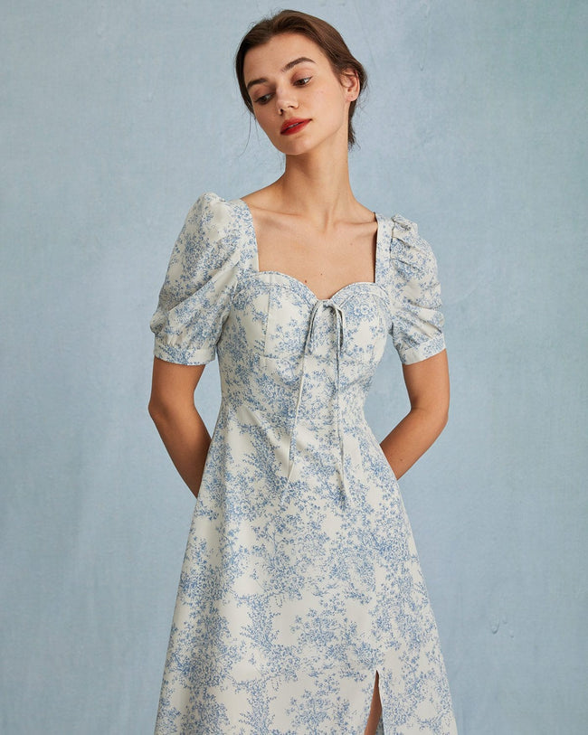 The Blue Sweetheart Neck Puff Sleeve Floral Midi Dress - High Waisted Short  Sleeve Tie Midi Dress - Blue - Dresses