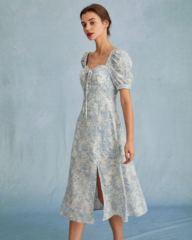 The Blue Sweetheart Neck Puff Sleeve Floral Midi Dress