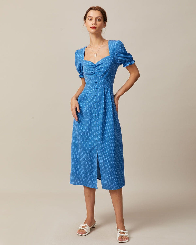 The Sweetheart Neck Ruched Polka Dot Dress Blue Dresses - RIHOAS