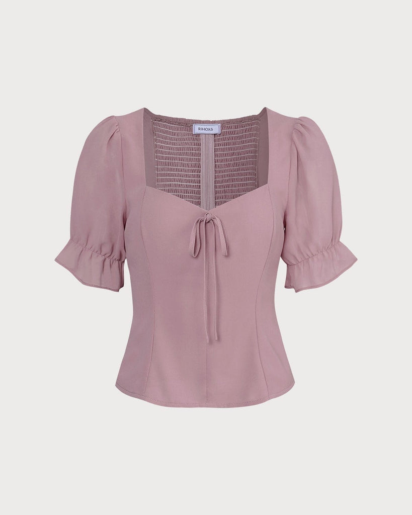 The Sweetheart Neck Tie Font Blouse Pink Tops - RIHOAS