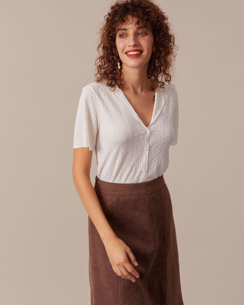 The Textured Short Sleeve Blouse Apricot Tops - RIHOAS
