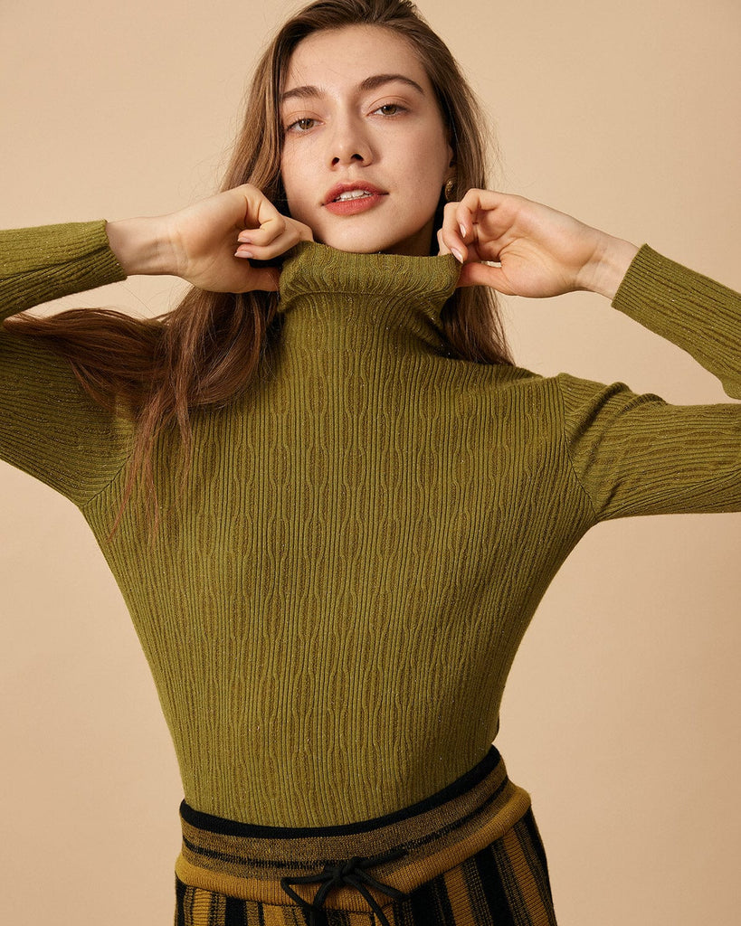 The Textured Turtleneck Knit Top Green Tops - RIHOAS