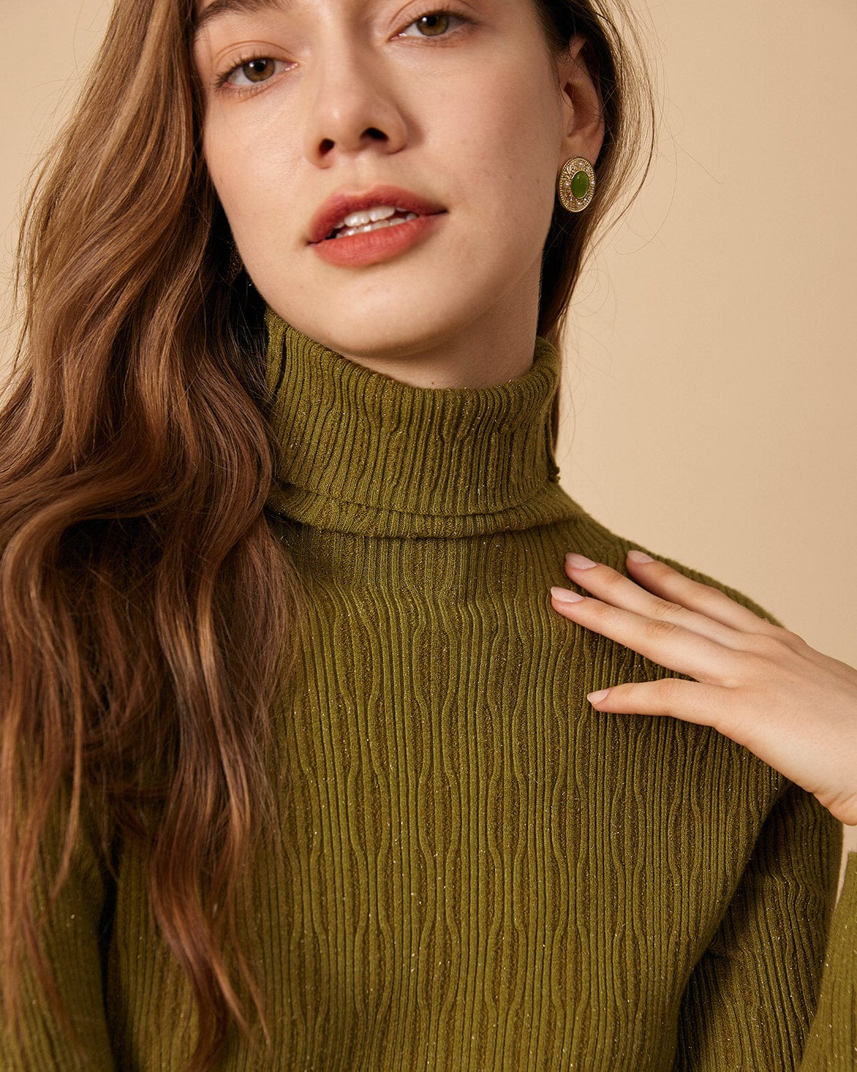 The Solid Textured Turtleneck Knit Top & Reviews - Green,Coffee