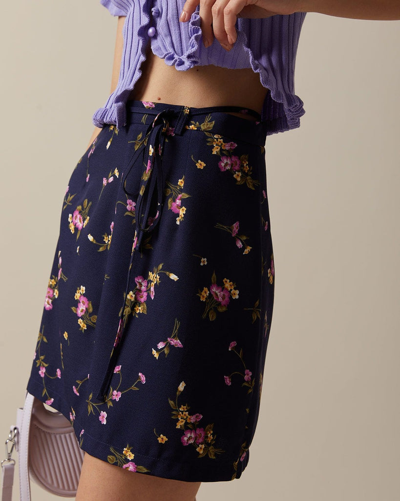 The Tie-Waist Floral Mini Skirt Navy Bottoms - RIHOAS