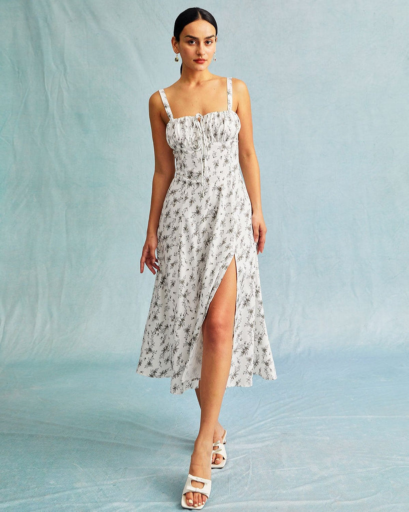 The Tie Front Floral Midi Dress White Dresses - RIHOAS