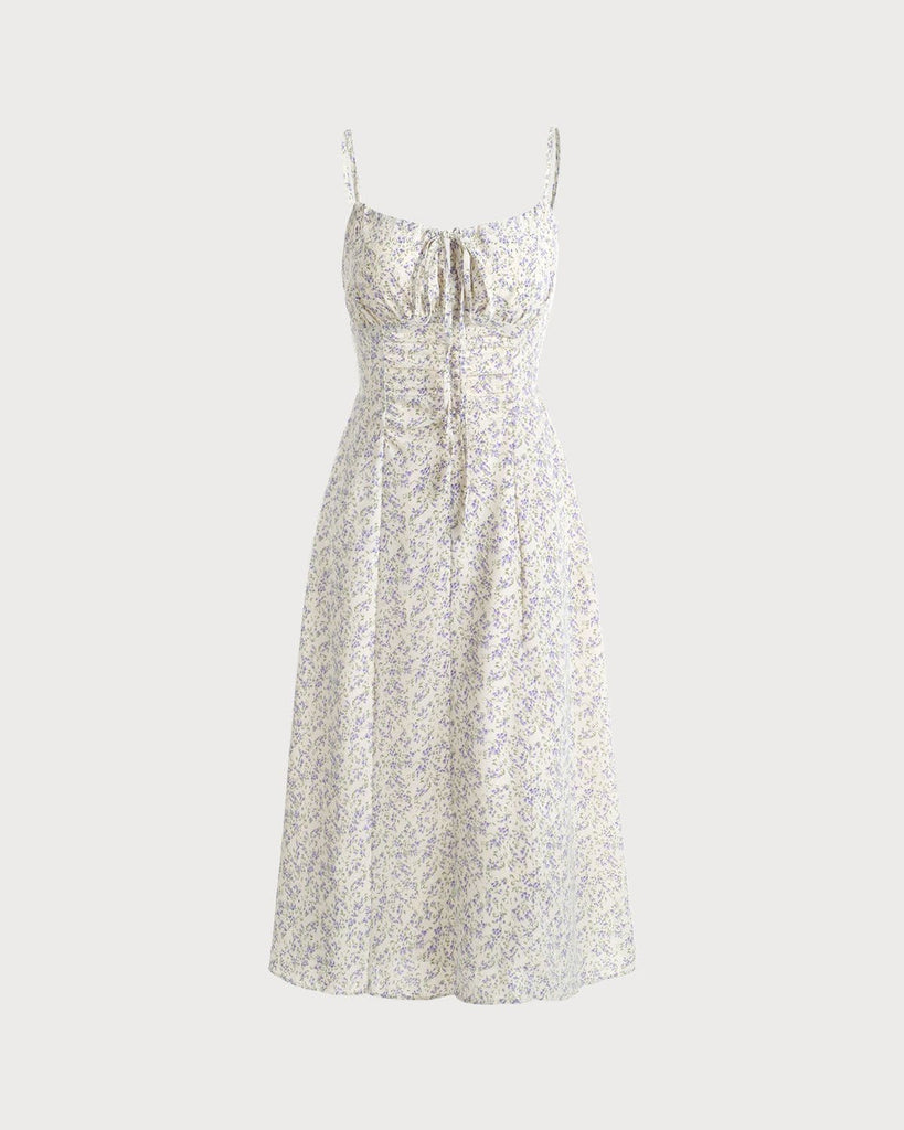 The Tie Front Ruched Floral Dress Beige Dresses - RIHOAS