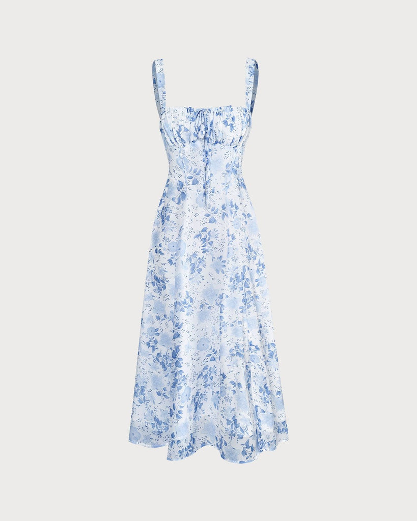 The Tie Ruched Floral Dress Blue Dresses - RIHOAS