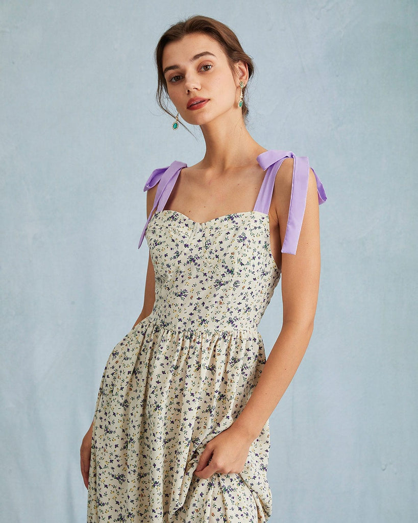 The Tie Shoulder Floral Midi Dress Dresses - RIHOAS
