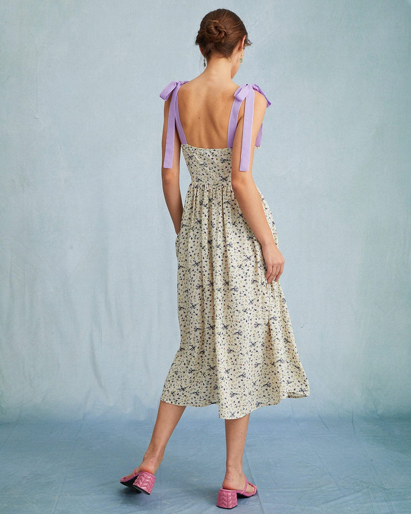 The Tie Shoulder Floral Midi Dress Dresses - RIHOAS