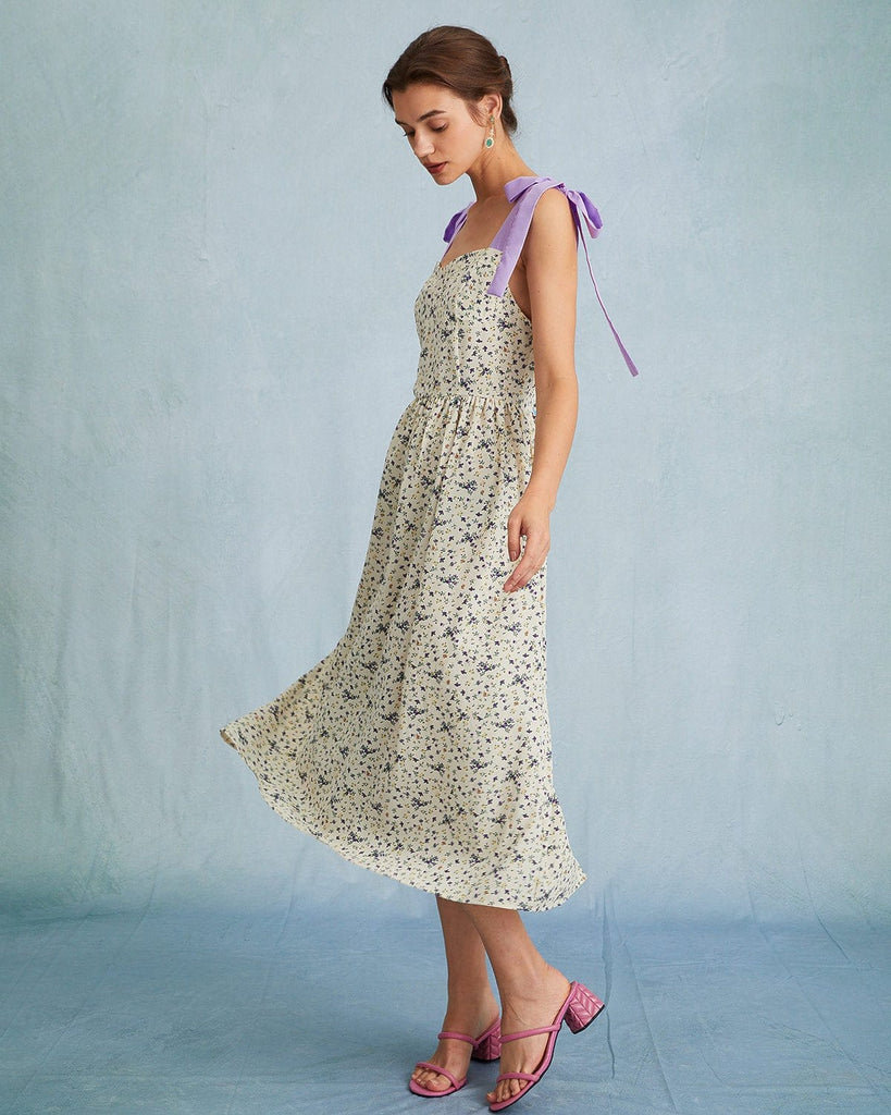 The Tie Shoulder Floral Midi Dress Dresses - RIHOAS