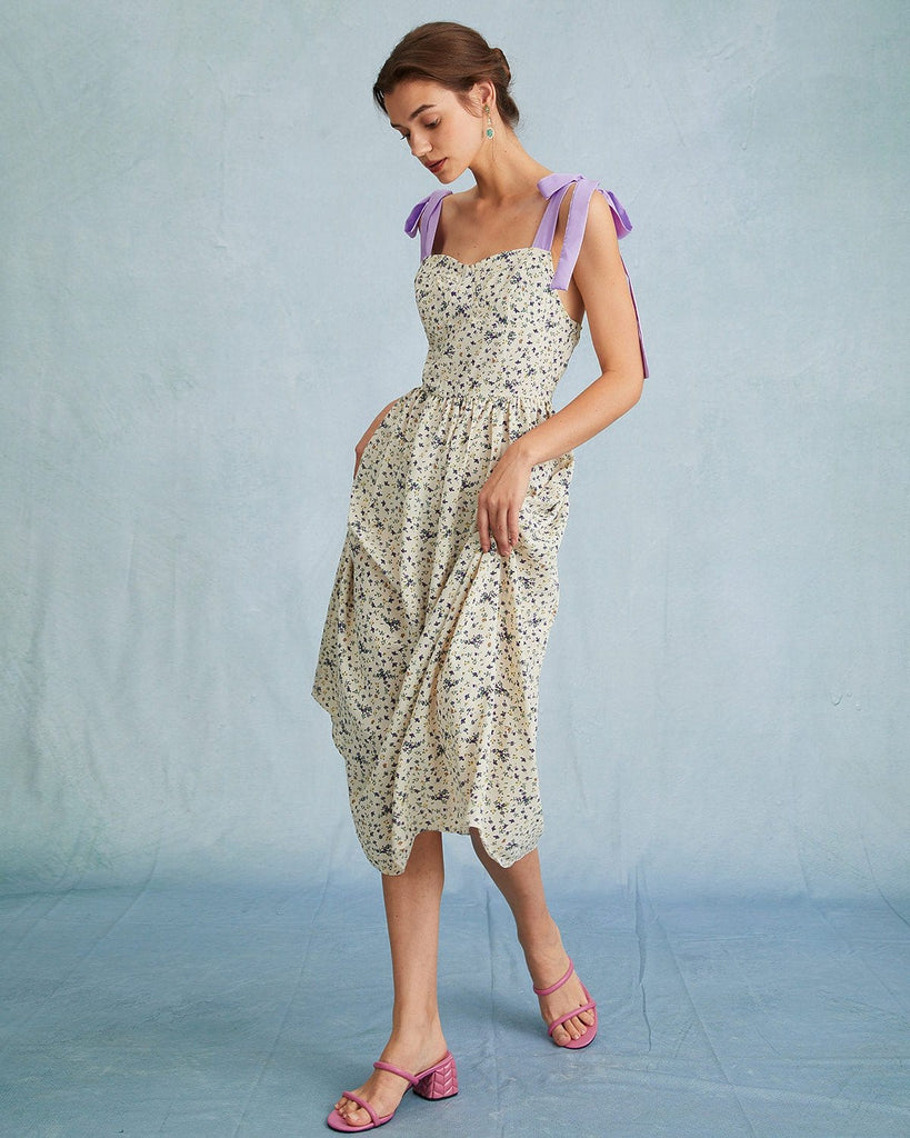 The Tie Shoulder Floral Midi Dress Dresses - RIHOAS