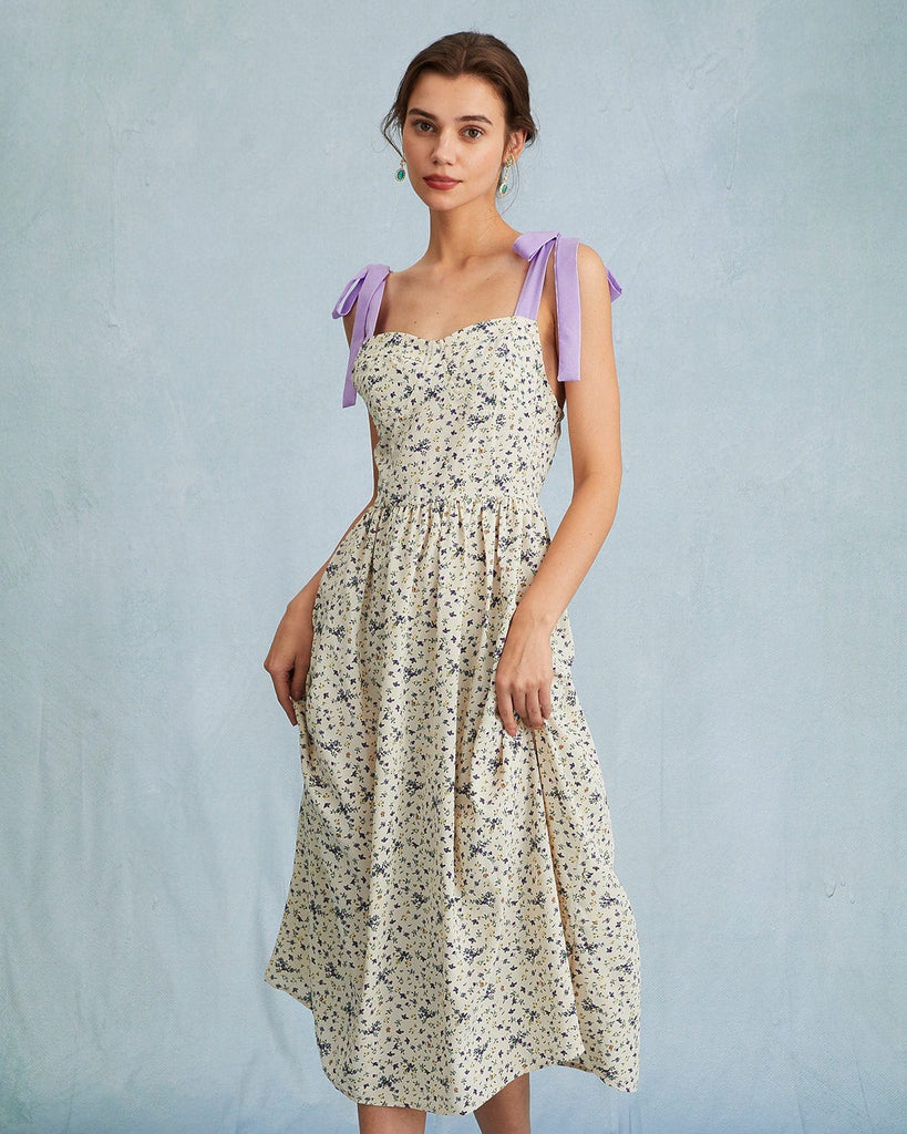 The Tie Shoulder Floral Midi Dress Purple Dresses - RIHOAS