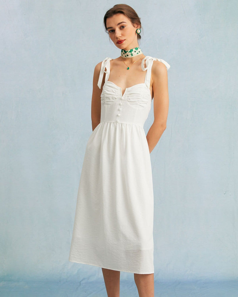The Tie Shoulder Notched Dress White Dresses - RIHOAS