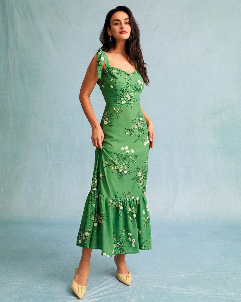 The Tie Shoulder Ruffle Maxi Dress Green Dresses - RIHOAS
