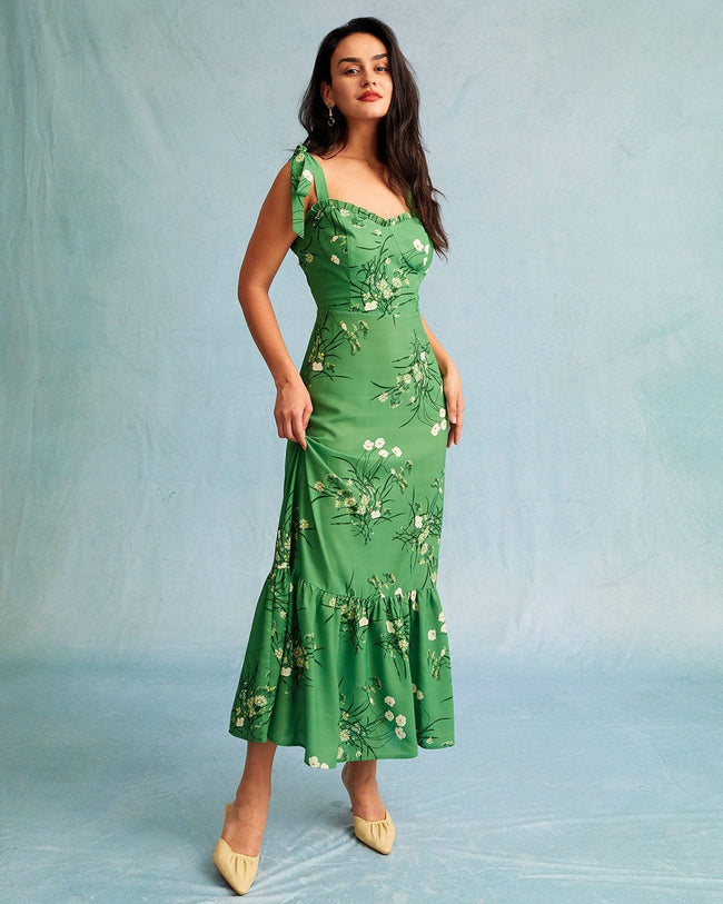 The Green Floral Tie Shoulder Ruffle Maxi Dress