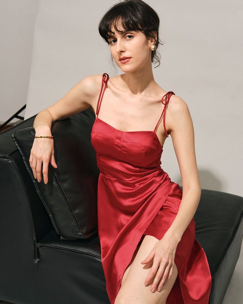 The Tie Shoulder Slit Midi Dress Dresses - RIHOAS