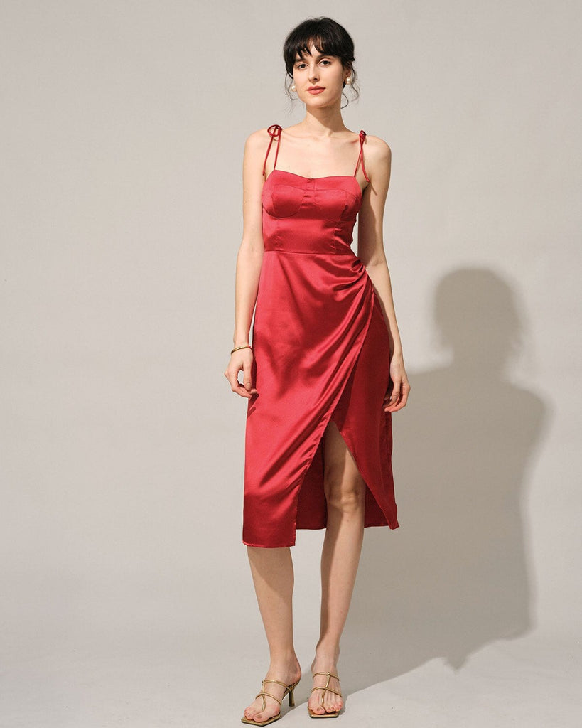 The Tie Shoulder Slit Midi Dress Dresses - RIHOAS