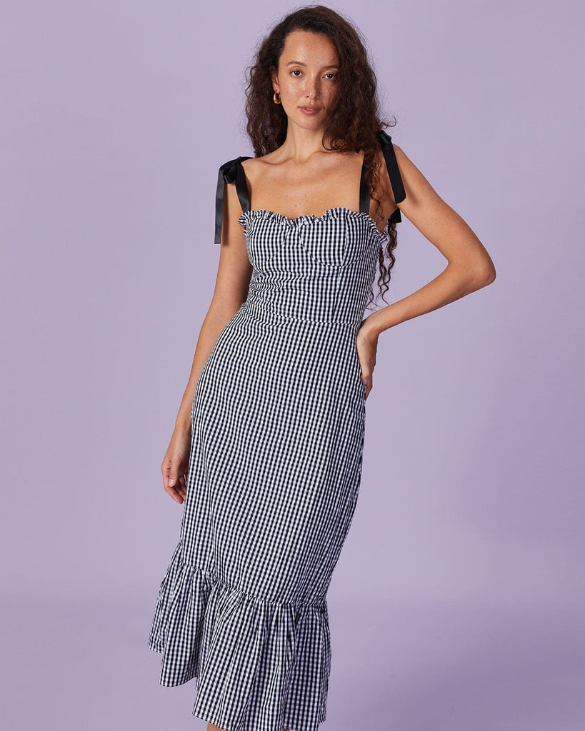 The Tie Shoulder Spliced Plaid Dress Black Dresses - RIHOAS