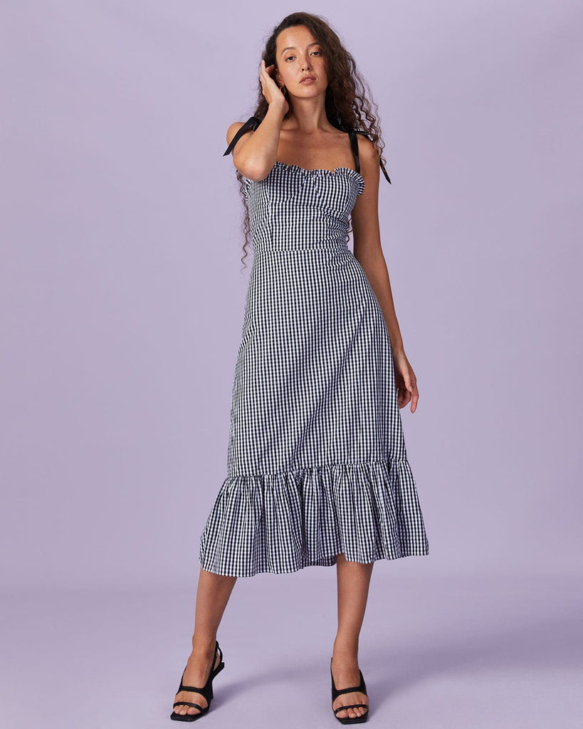 The Tie Shoulder Spliced Plaid Dress Dresses - RIHOAS