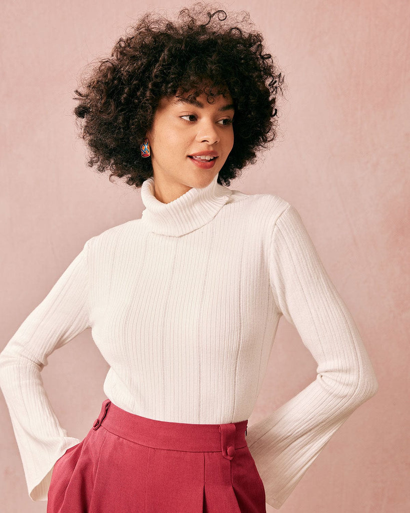 The Turtleneck Flare Sleeve Knit Top White Tops - RIHOAS