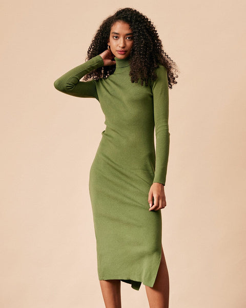 FARORO Green Long Sleeve Turtleneck Sweater Dress for Women