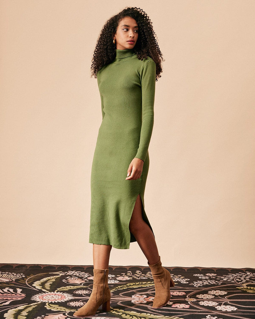 The Turtleneck Knit Dress Green Dresses - RIHOAS