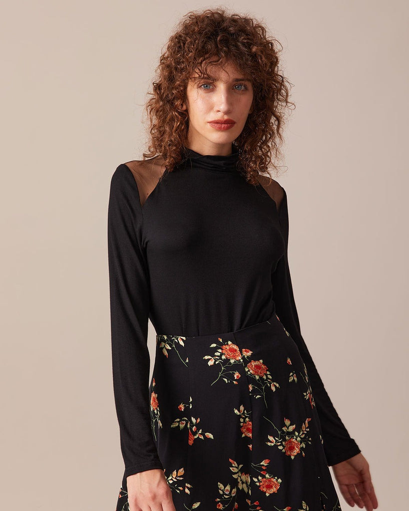 The Turtleneck Sheer Splicing Top Black Tops - RIHOAS