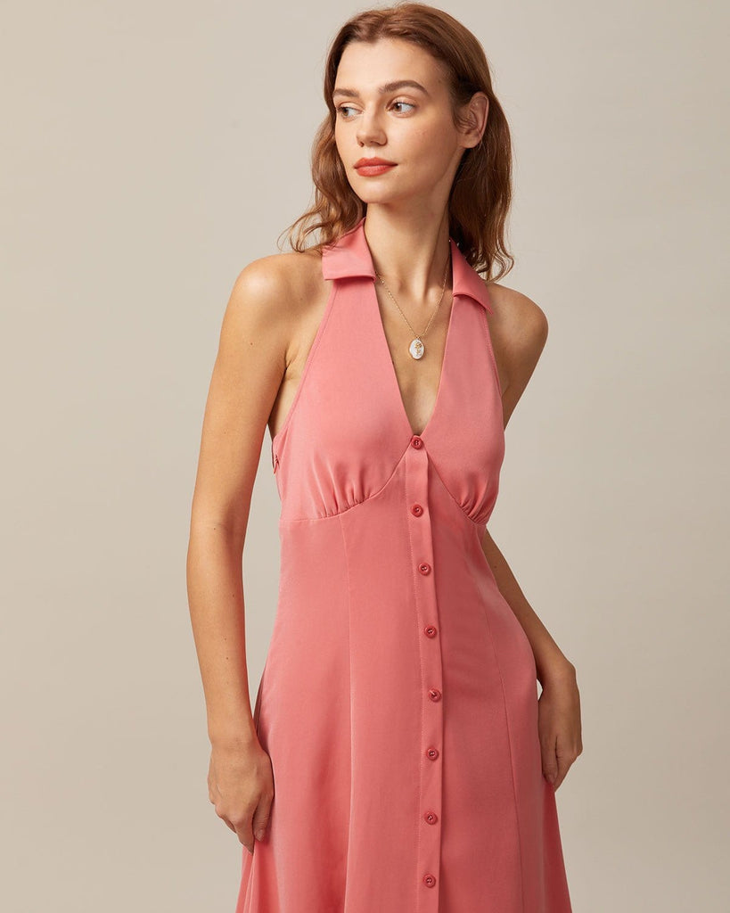 The V-Neck Backless Button Midi Dress Dresses - RIHOAS