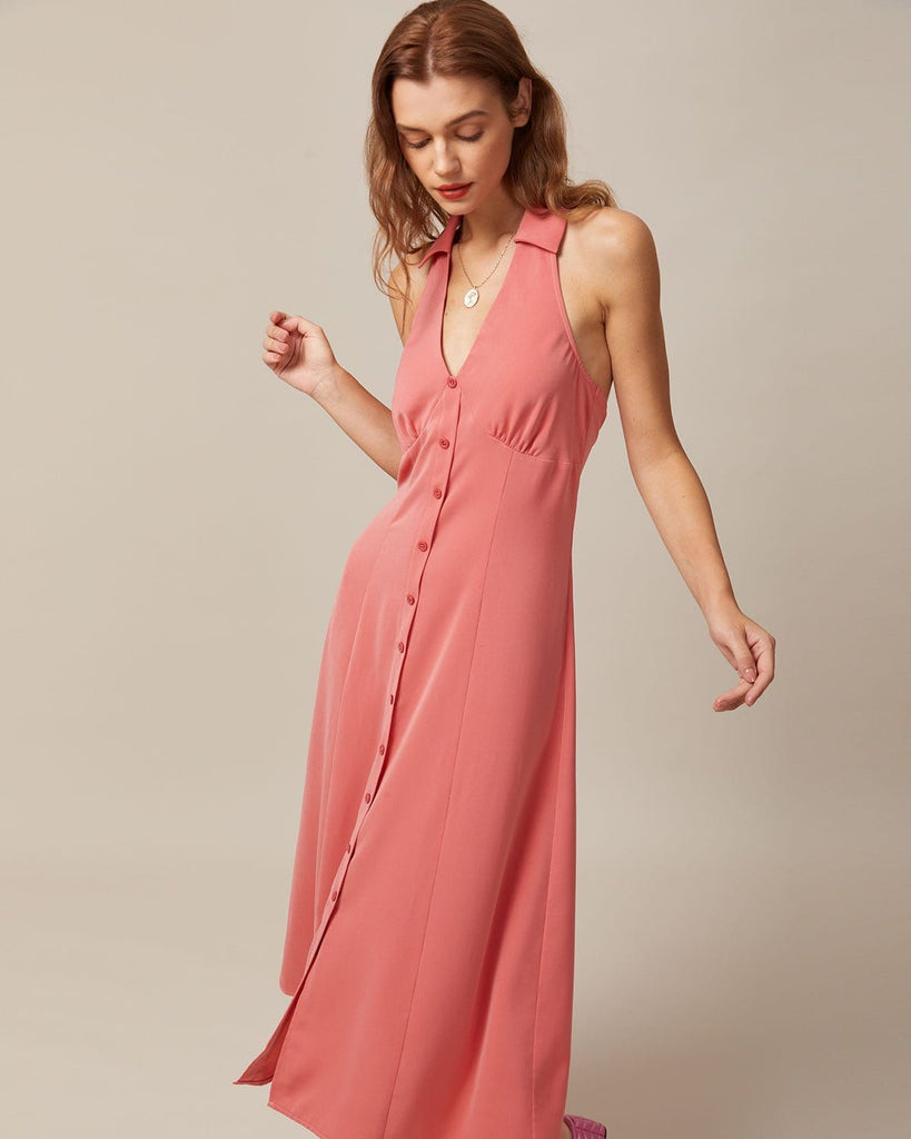The V-Neck Backless Button Midi Dress Dresses - RIHOAS