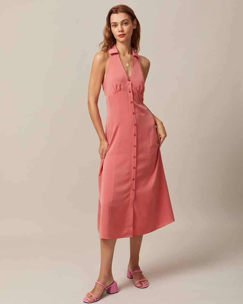 The V-Neck Backless Button Midi Dress Dresses - RIHOAS