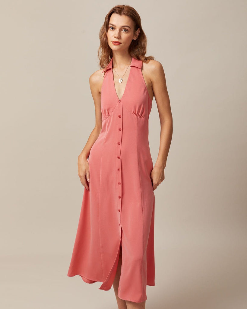 The V-Neck Backless Button Midi Dress Pink Dresses - RIHOAS